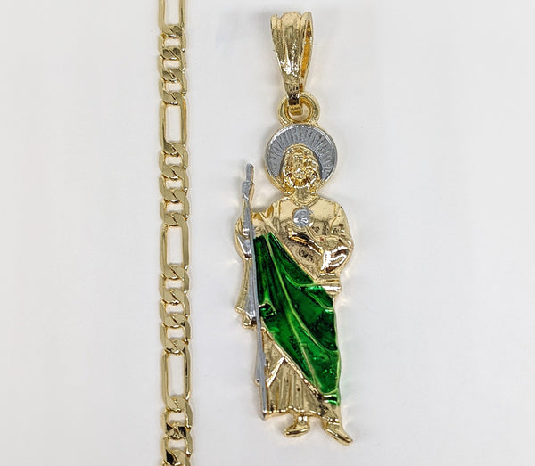 Plated Saint Jude Pendant and Round Figaro Chain Set