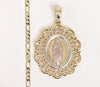 Gold Plated Tri-Gold Virgin Mary 3mm Figaro Chain Necklace