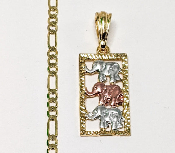 Gold Plated Tri-Gold Elephant 4mm Figaro Chain Necklace