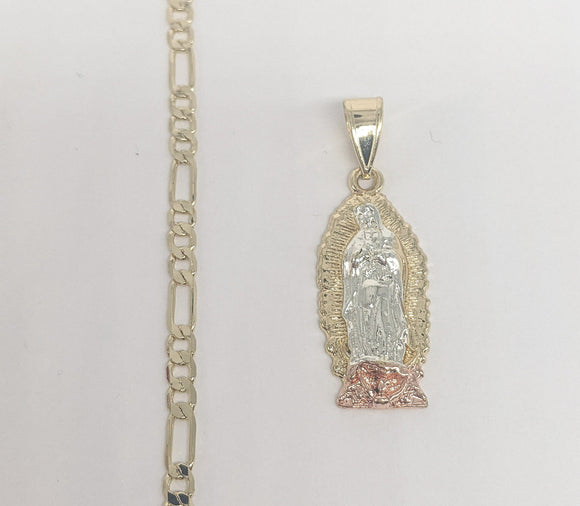 Plated Tri-Gold Virgin Mary Pendant and Figaro Chain Set