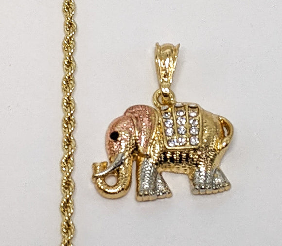 Gold Plated Tri-Gold Elephant 3mm Rope/Braided Chain Necklace