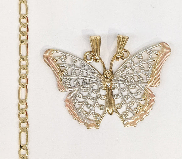 Gold Plated Tri-Gold Butterfly Pendant and Figaro Chain Set