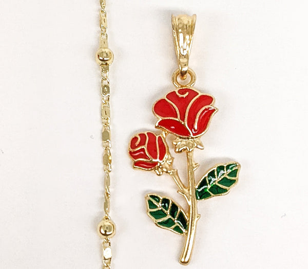 Gold Plated Multicolor Rose Flower Pendant and Pearl Chain Set