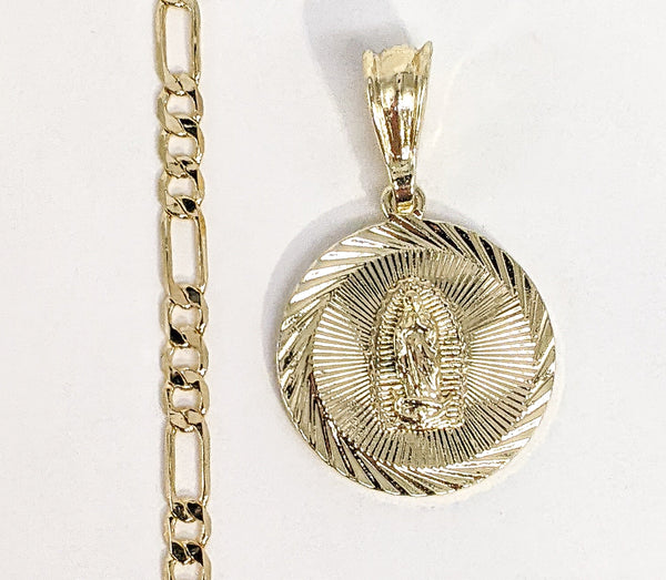 Gold Plated Virgin Mary Moneda Pendant and Figaro Chain Set