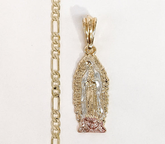 Plated Tri-Color Virgin Mary 4mm Figaro Chain Necklace