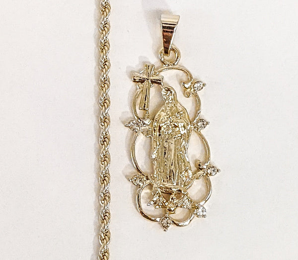Gold Plated Virgin Mary 2mm Rope/Braided Chain Necklace