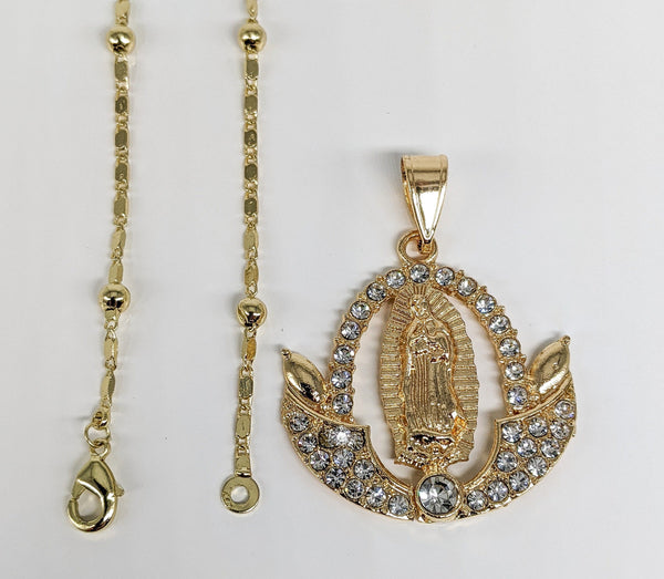 Plated Virgin Mary Pendant and Pearl Chain Set