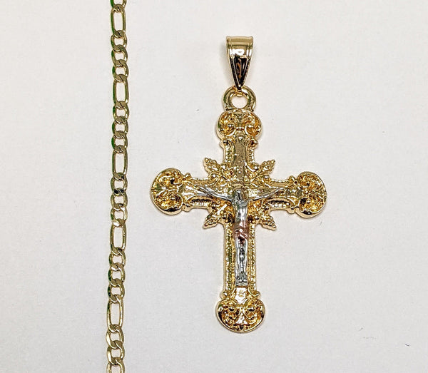 Gold Plated Tri-Gold Cross 3mm Figaro Chain Necklace