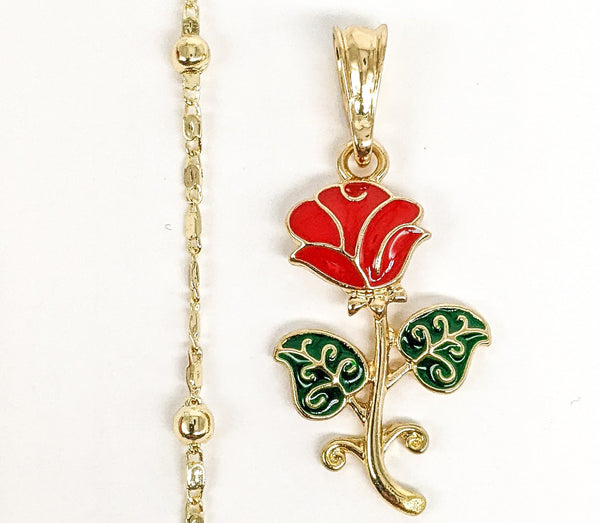 Gold Plated Multicolor Rose Flower Pendant and Pearl Chain Set