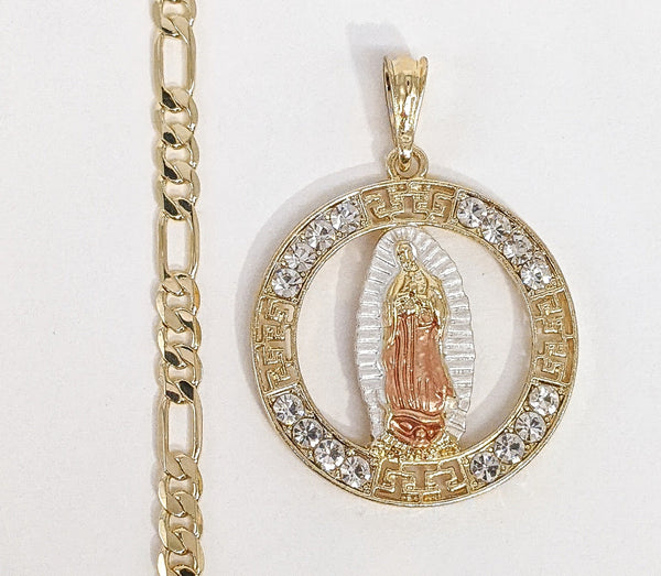 Gold Plated Tri-Gold Virgin Mary Pendant and Figaro Chain Set
