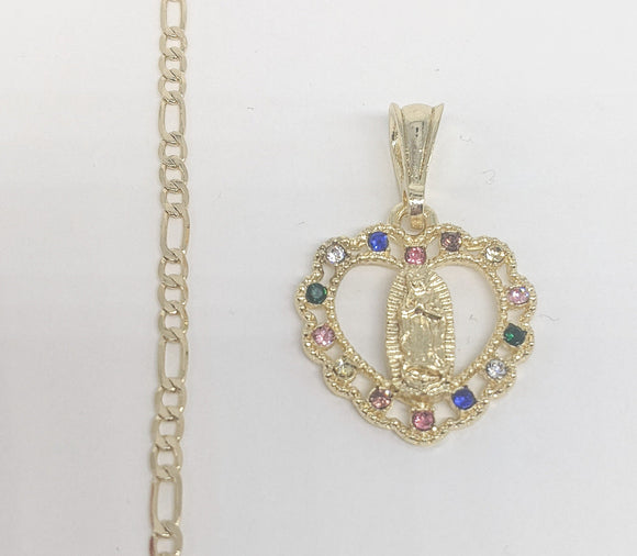 Plated Virgin Mary Pendant and Figaro Chain Set
