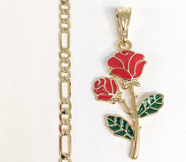 Plated Multicolor Rose Flower Pendant and Figaro Chain Set