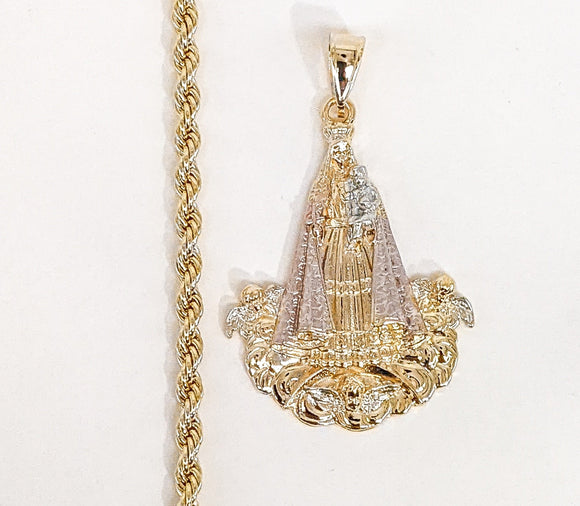 Plated Tri-Gold Virgin Mary 4mm Rope/Braided Chain Necklace