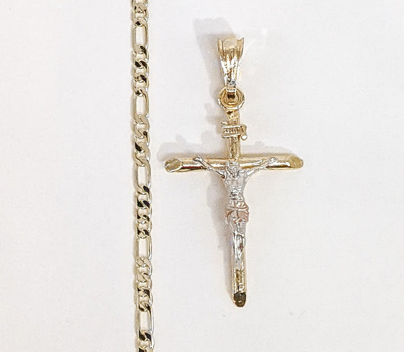 Plated Tri-Color Cross 3mm Figaro Chain Necklace