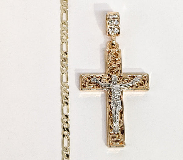 Gold Plated Multicolor Cross 3mm Figaro Chain Necklace