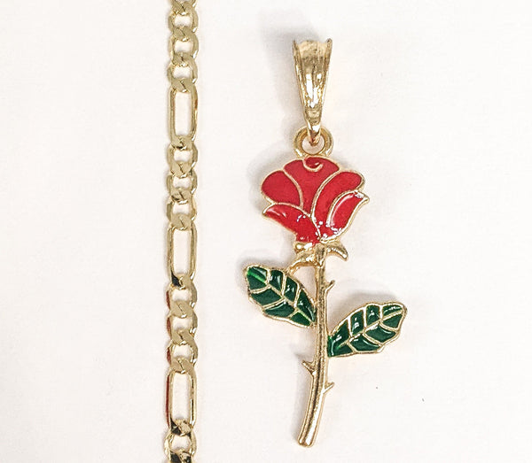 Plated Multicolor Rose Flower Pendant and Figaro Chain Set