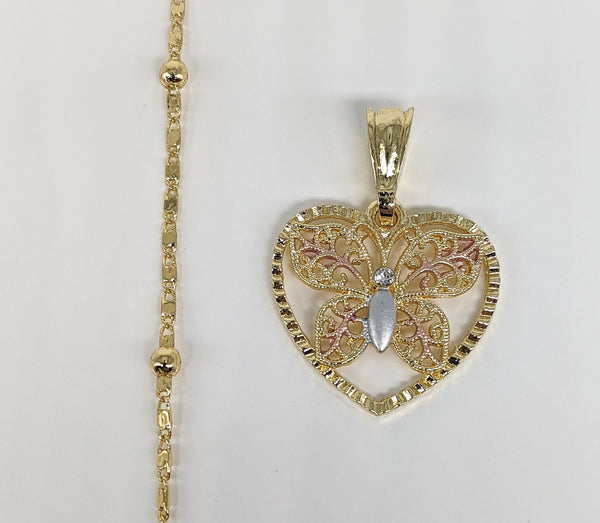 Plated Tri-Gold Butterfly Pendant and Chain Set