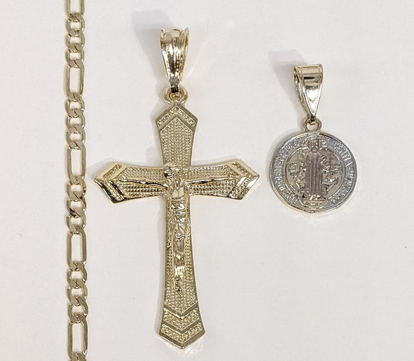 Plated Cross and Saint Benedict 4mm Figaro Chain Necklace
