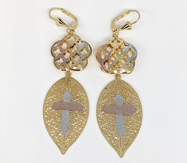 Plated Tri-Color Cross Leaf Earring