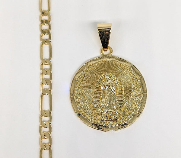 Plated Virgin Mary Medalla Pendant Chain Set Oro Laminado Dije Cadena Virgin de Guadalupe*