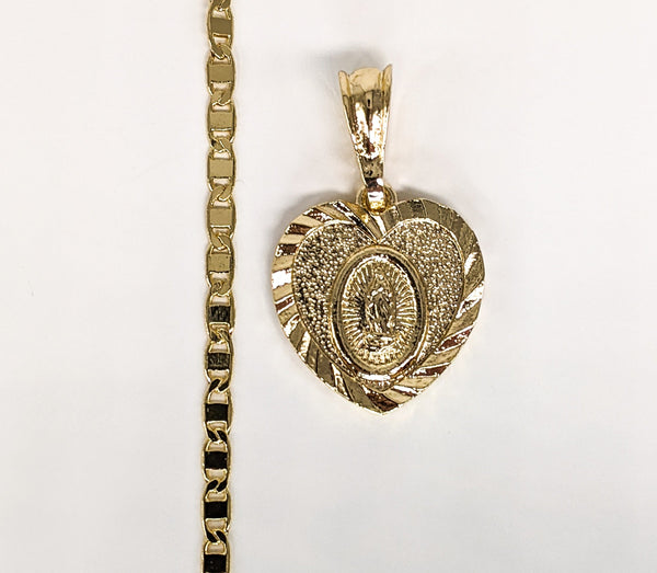 Plated Heart with Virgin Mary Pendant and Chain Set