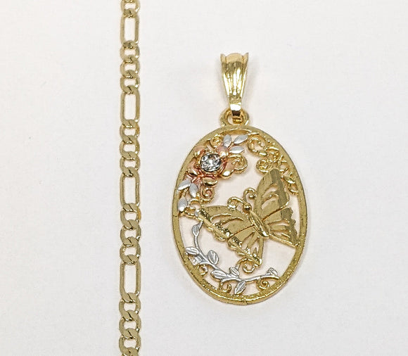Gold Plated Tri-Gold Butterfly 4mm Figaro Chain Necklace