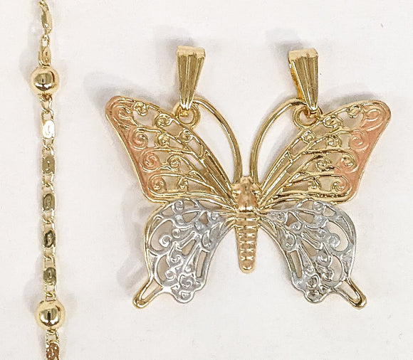 Gold Plated Tri-Gold Butterfly Pendant and Pearl Chain Set*