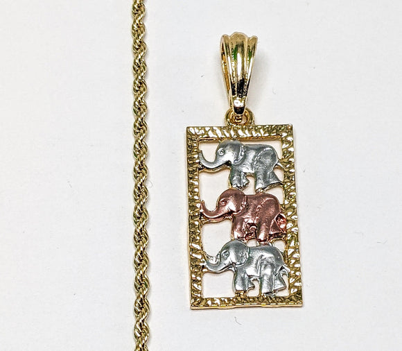 Gold Plated Tri-Gold Elephant 2mm Rope/Braided Chain Necklace