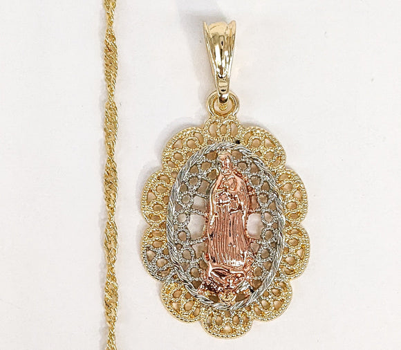 Plated Tri-Gold Virgin Mary Pendant and Twist Chain Set