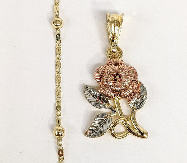 Gold Plated Tri-Gold Rose Flower Pendant and Pearl Chain Set