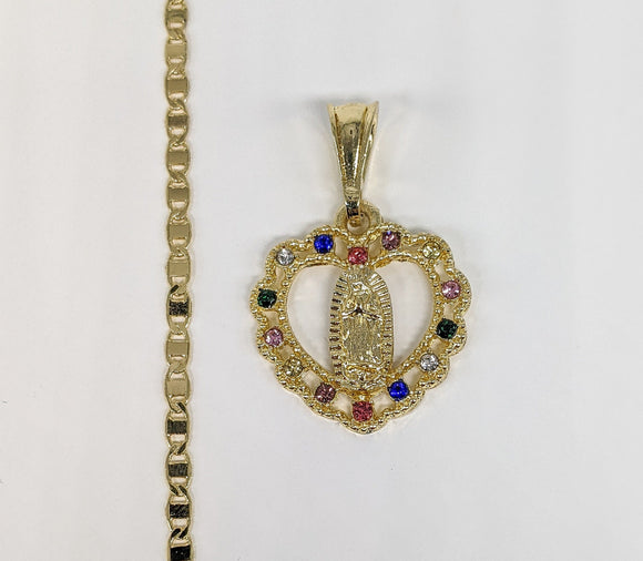Plated Multi Color Stone Heart Virgin Mary Pendant and Chain Set*