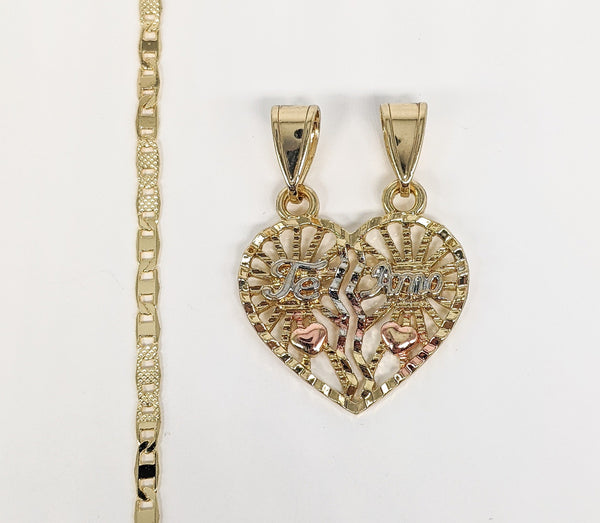 Plated Tri-Color Heart "Te Amo" Pendant and Chain Set