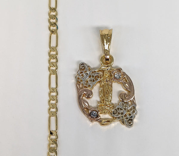 Plated Tri-Gold Virgin Mary and Butterfly Pendant and Chain Set