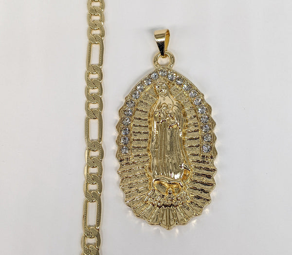 Gold Plated Virgen de Guadalupe Pendant and Figaro Chain Set