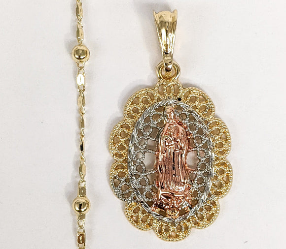Plated Tri-Gold Virgin Mary Pendant and Pearl Chain Set