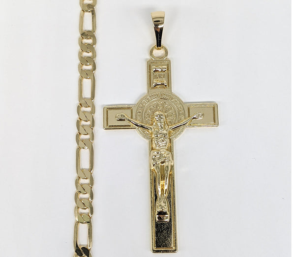 Plated Cross with Saint Benedict Pendant and Chain Set