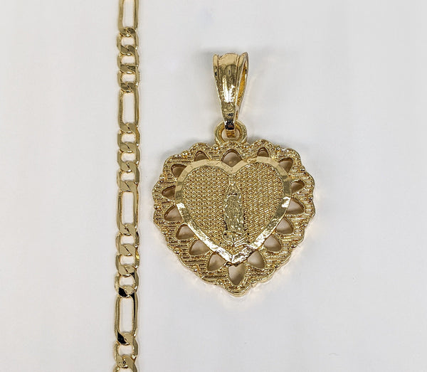 Plated Virgin Mary Heart Pendant and Figaro Chain Set