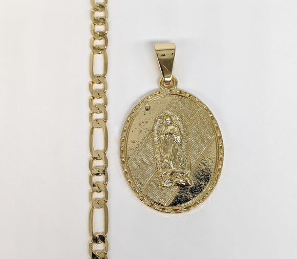 Plated Virgen de Guadalupe Medalla Pendant and Round Figaro Chain Set