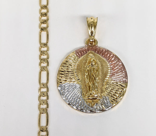 Plated Tri-Color Virgen de Guadalupe Medalla Pendant and Round Figaro Chain Set