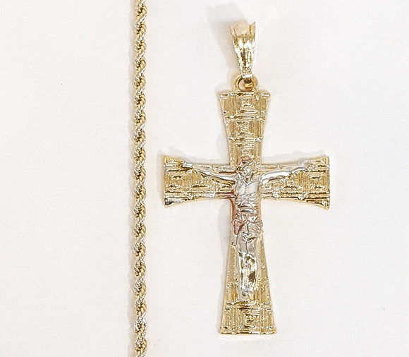 Plated Tri-Gold Cross 2mm Rope/Braided Chain Necklace