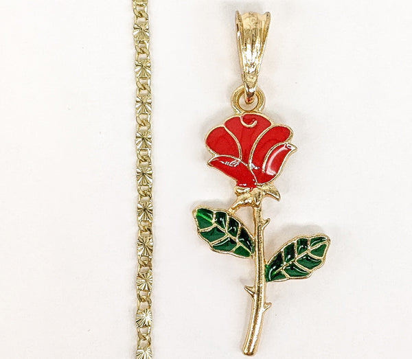 Gold Plated Multicolor Rose Flower Pendant and Star Chain Set