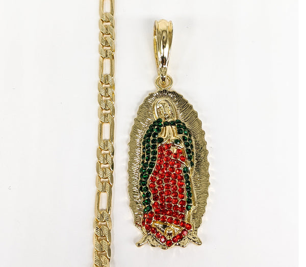 Plated Virgin Mary Pendant and Diamond Figaro Chain Set