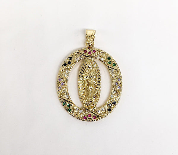Plated Multi Color Stone Virgin Mary Pendant*