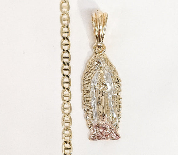 Plated Tri-Color Virgin Mary 4mm Mariner Anchor Chain Necklace