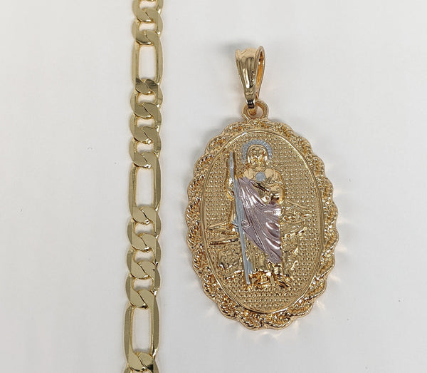 Plated Saint Jude Pendant and Thick Chain Set