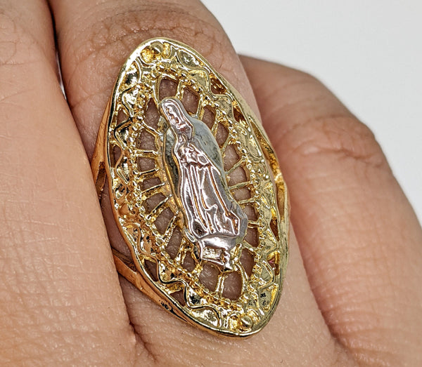 Gold Plated Tri-Gold Oval Virgin Mary Ring