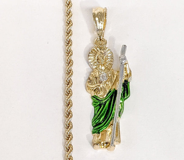 Gold Plated Multicolor Saint Jude Pendant and Rope/Braided Chain Set