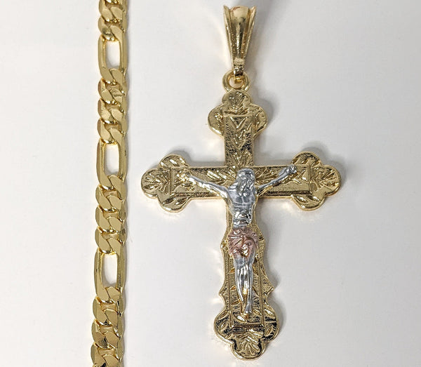 Gold Plated Tri-Gold Cross Pendant and Figaro Chain Set