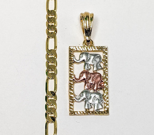 Gold Plated Tri-Gold Elephant 5mm Figaro Chain Necklace