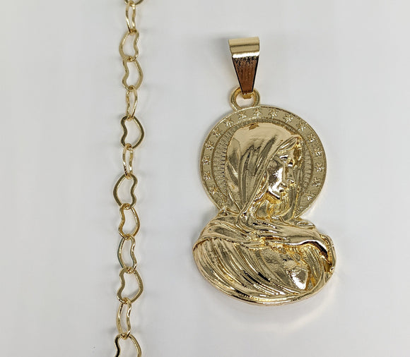 Plated Virgin Mary Pendant and Hearts Chain Set